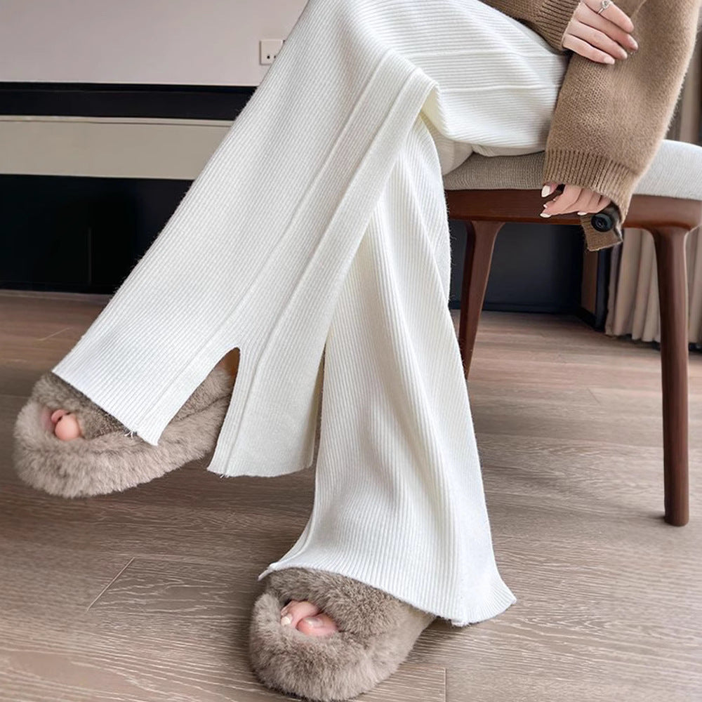 Damen Modische Rippstrick-Hose mit seitlichen Schlitzen Drune