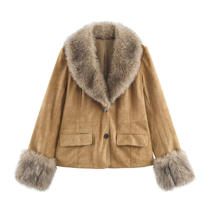 Damen Kunstlederjacke mit elegantem Kunstfellkragen Drune