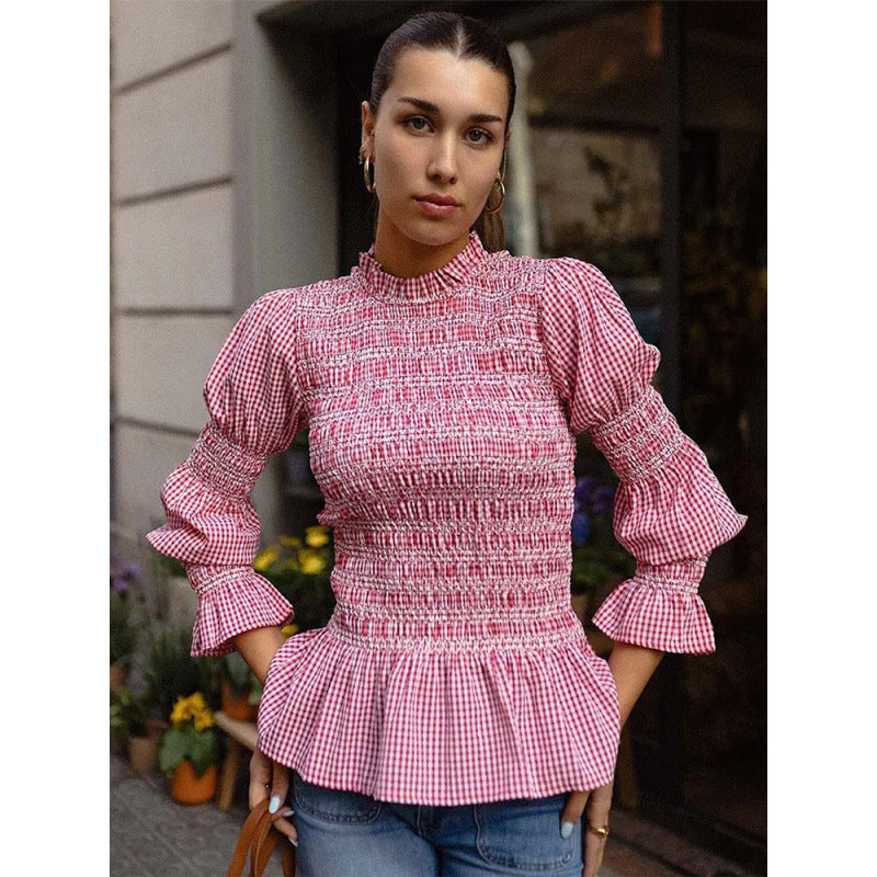Damen elegante Bluse mit Rüschendetails und Smock-Effekt Drune