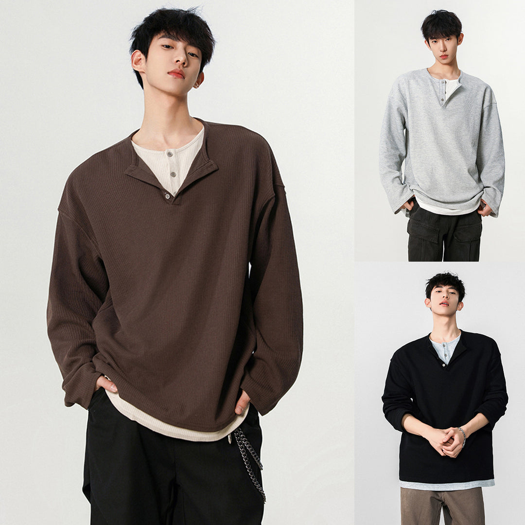 Herren Modisches Oversized-Henley-Shirt mit strukturierter Oberfläche Drune