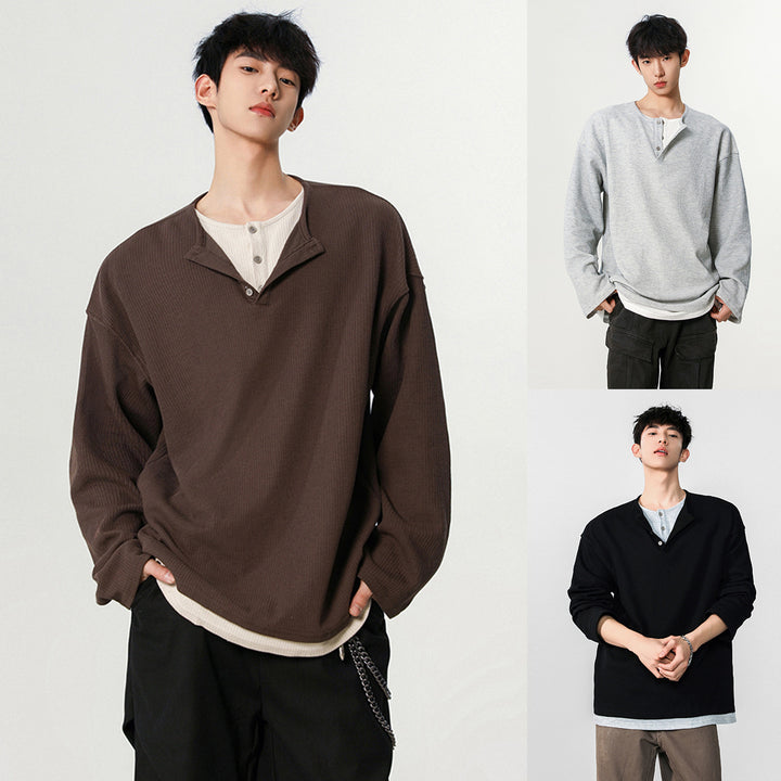 Herren Modisches Oversized-Henley-Shirt mit strukturierter Oberfläche Drune