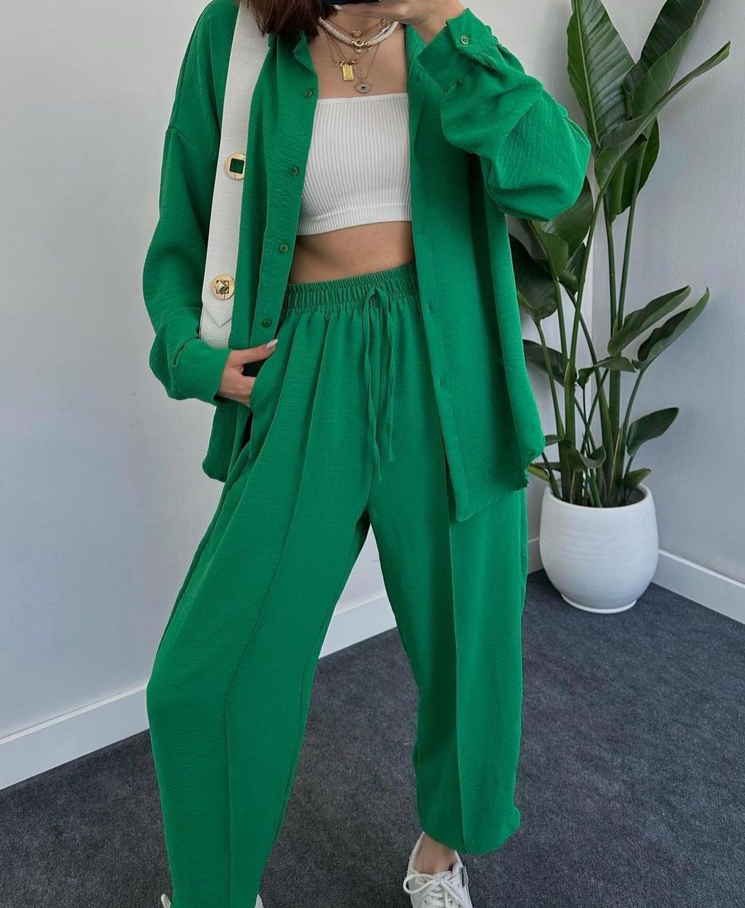 Damen Lässiges zweiteiliges Lounge-Set aus Crêpe mit Oversize-Hemd und hohem Elastikbund Drune