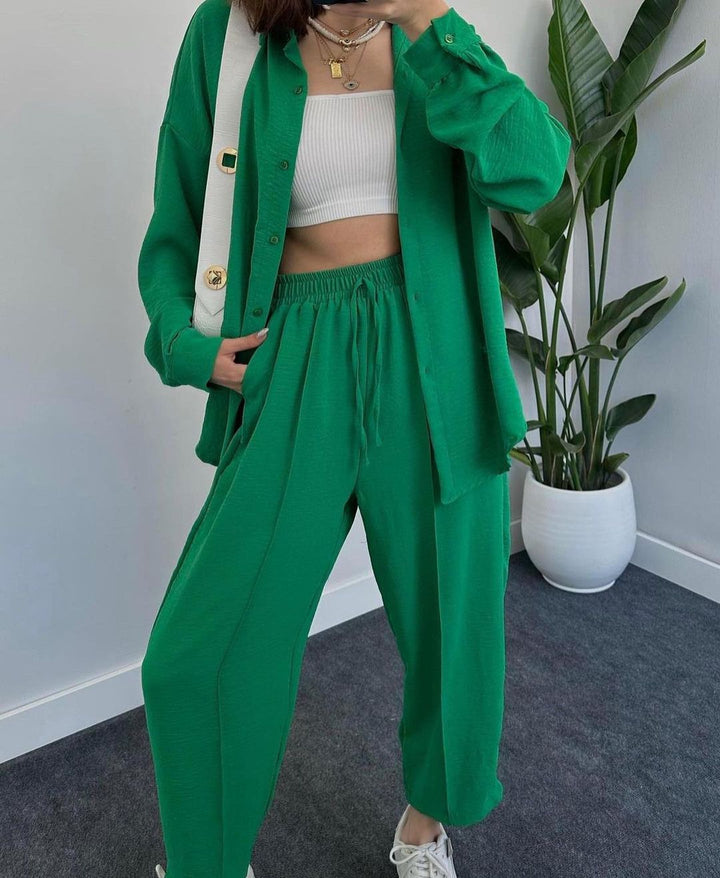 Damen Lässiges zweiteiliges Lounge-Set aus Crêpe mit Oversize-Hemd und hohem Elastikbund Drune