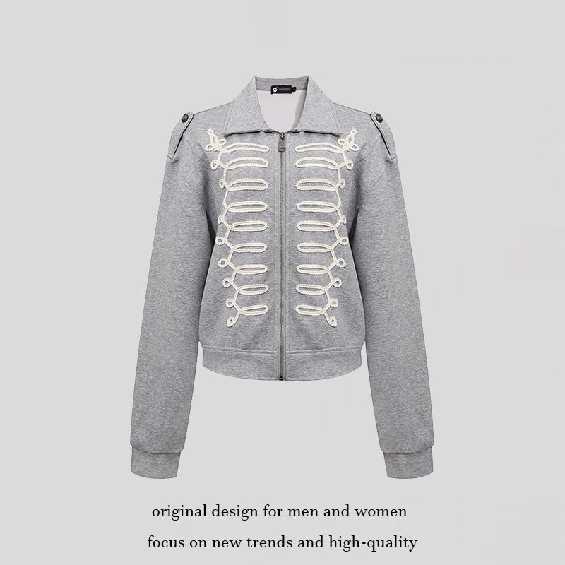 Damen Sweatjacke mit dekorativer Zierkordel, Reißverschluss und Schulterpatten Drune