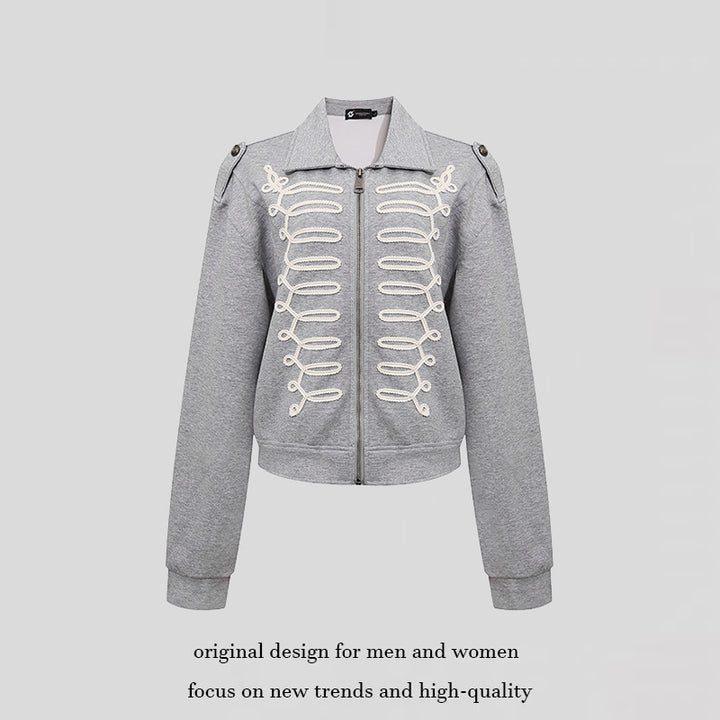Damen Sweatjacke mit dekorativer Zierkordel, Reißverschluss und Schulterpatten Drune