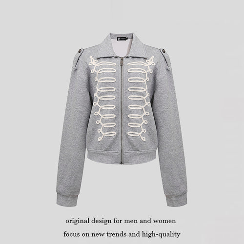 Damen Sweatjacke mit dekorativer Zierkordel, Reißverschluss und Schulterpatten Drune