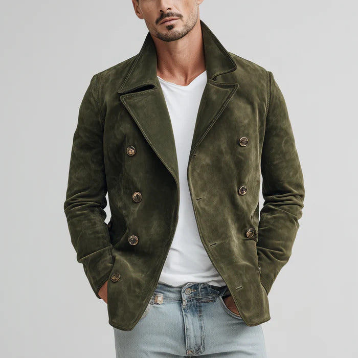 Herren Doppelreihige Velourslederjacke im Kurzmantel-Blouson mit markantem Revers Drune