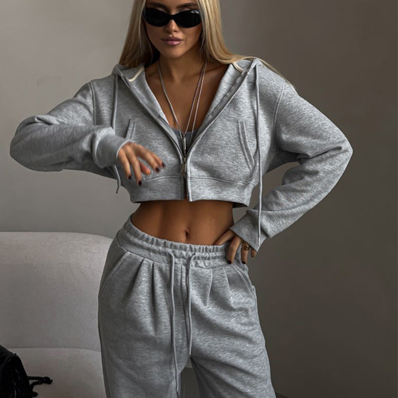 Damen cropped Reißverschluss-Kapuzenpullover mit hohem Bund Palazzo-Jogger Set Drune
