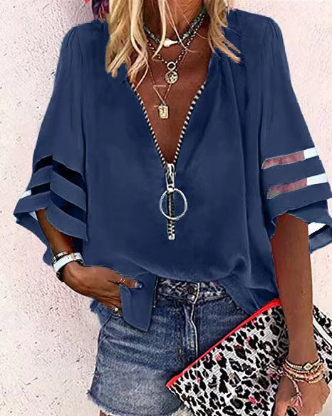 Damen V‑Ausschnitt Bluse mit dekorativem Ringreißverschluss und Cut-Out-Ärmeln Drune