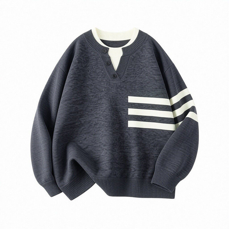 Damen Sportlicher Oversize Pullover mit Knopfleiste und Streifen Drune