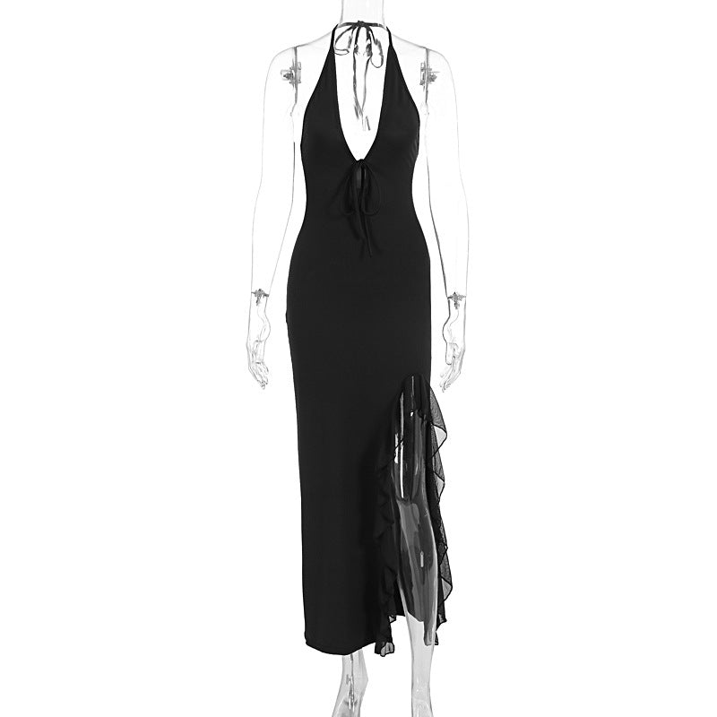 Damen Elegantes Maxikleid mit lässigem Rückenausschnitt und transparenter Rüschung Drune
