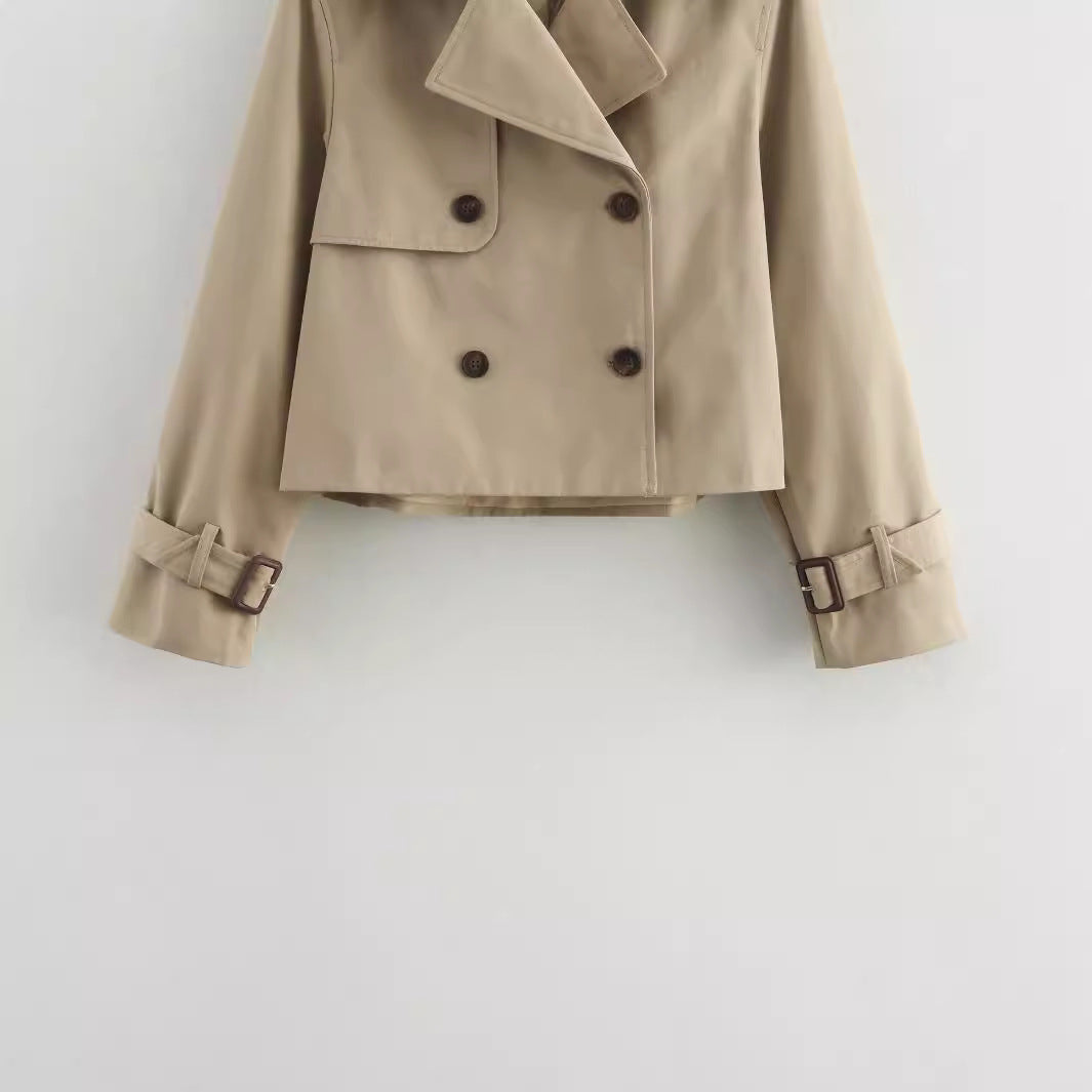 Damen Cropped Trenchcoat mit Doppelreihe und verstellbaren Manschetten Drune
