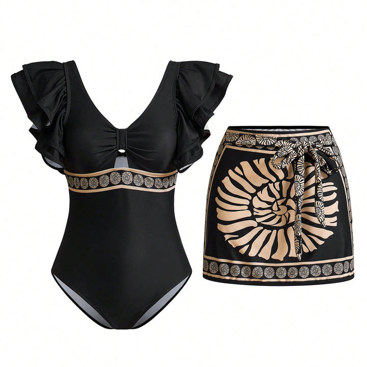 Damen Badeanzug mit eleganten Rüschendetails und passendem Saumrock Drune