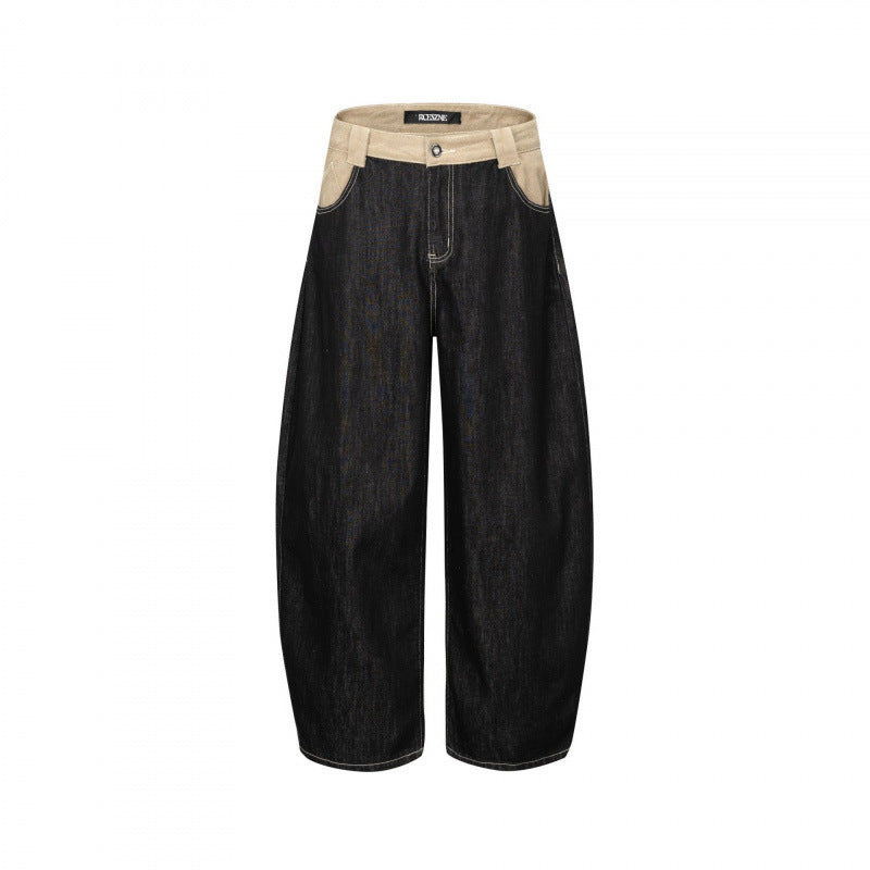 Unisex Weite zweifarbige Denimhose mit hohem Bund und kontrastierten Eingrifftaschen Drune
