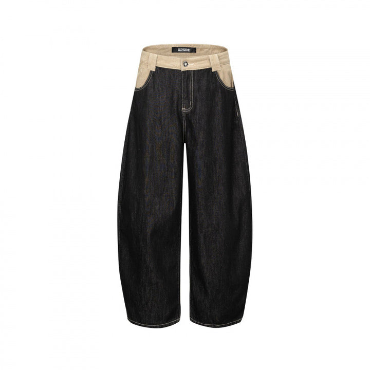 Unisex Weite zweifarbige Denimhose mit hohem Bund und kontrastierten Eingrifftaschen Drune