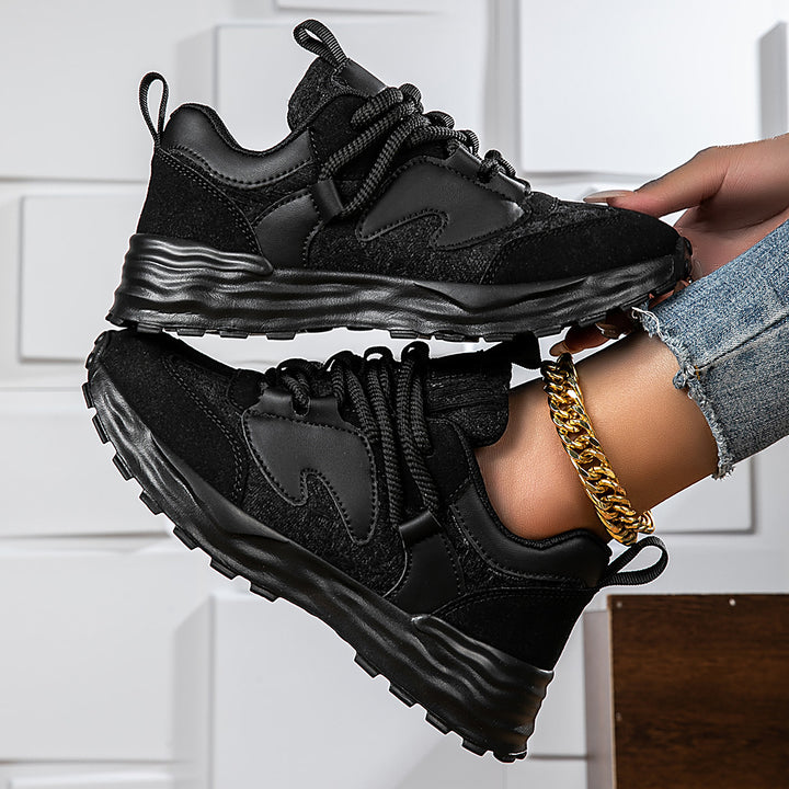 Damen Modischer Plateau‑Sneaker mit Jacquard‑Strick, Velours‑Overlays und profiliertem Wellen‑Sohlendesign Drune