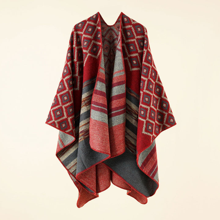 Damen Wende-Serape-Poncho im Jacquard‑Web mit geometrischem Quadratmuster Drune