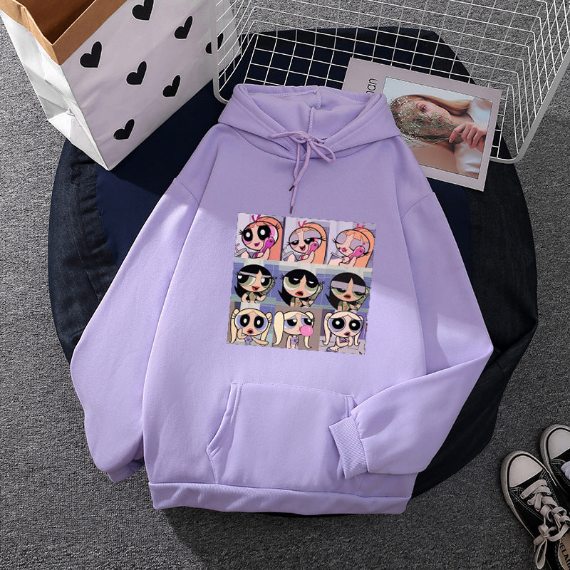 Damen nan lässiger Kapuzenpullover mit quadratischem Cartoon-Collageprint weiches Fleece Innenfutter und aufgesetzter Kängurutasche Drune