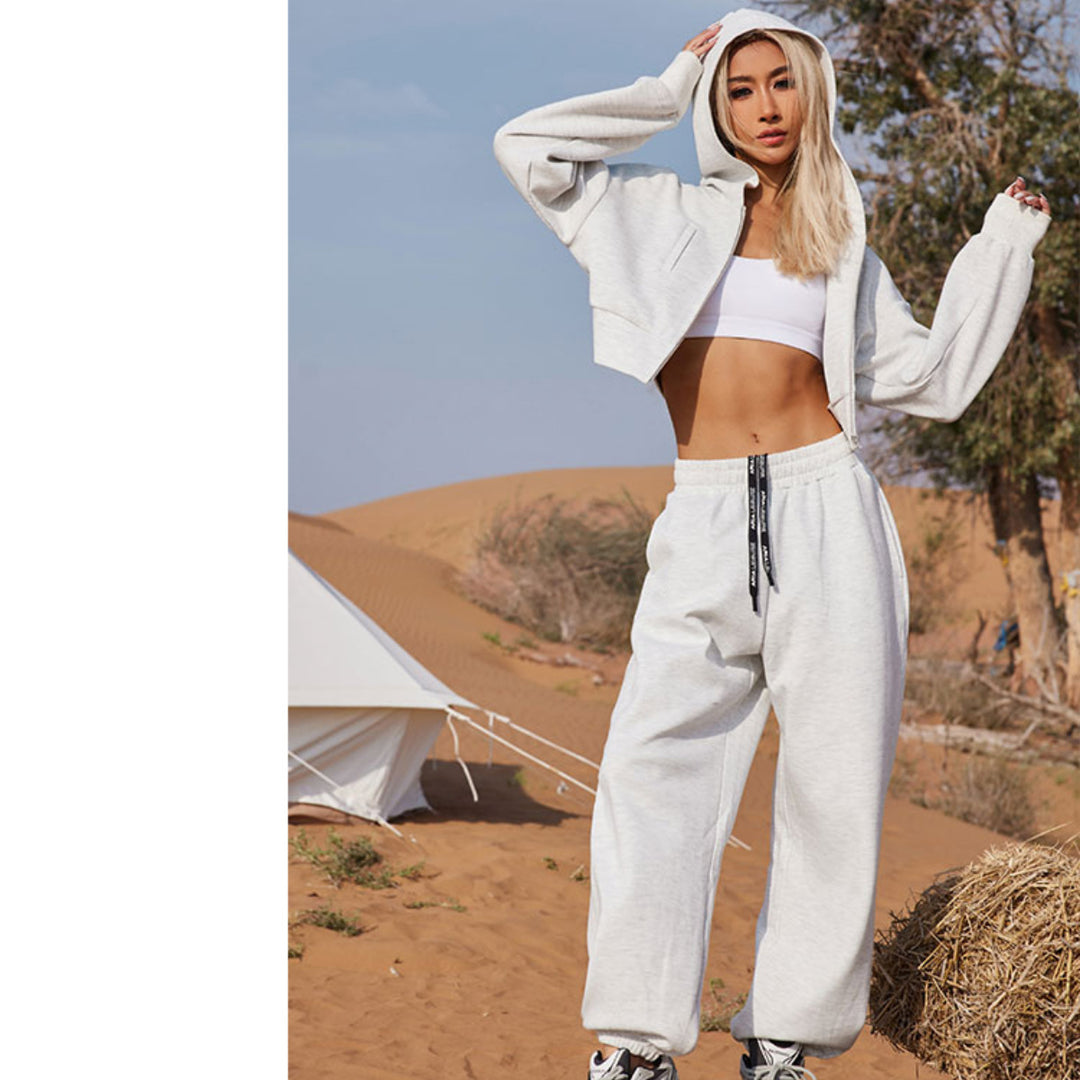 Damen Zweiteiliges Cropped Reißverschluss-Hoodie mit elastischer High-Waist Jogginghose Drune