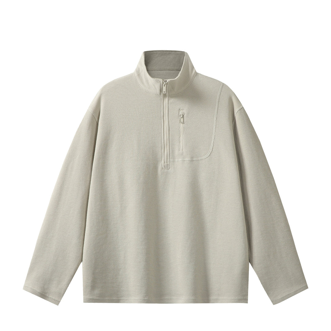 Unisex Leichter Waffelstrick-Halbzip-Pullover mit Stehkragen und Brustzippertasche Drune