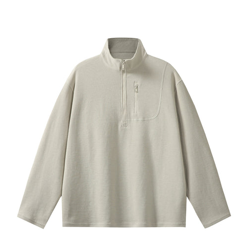 Unisex Leichter Waffelstrick-Halbzip-Pullover mit Stehkragen und Brustzippertasche Drune