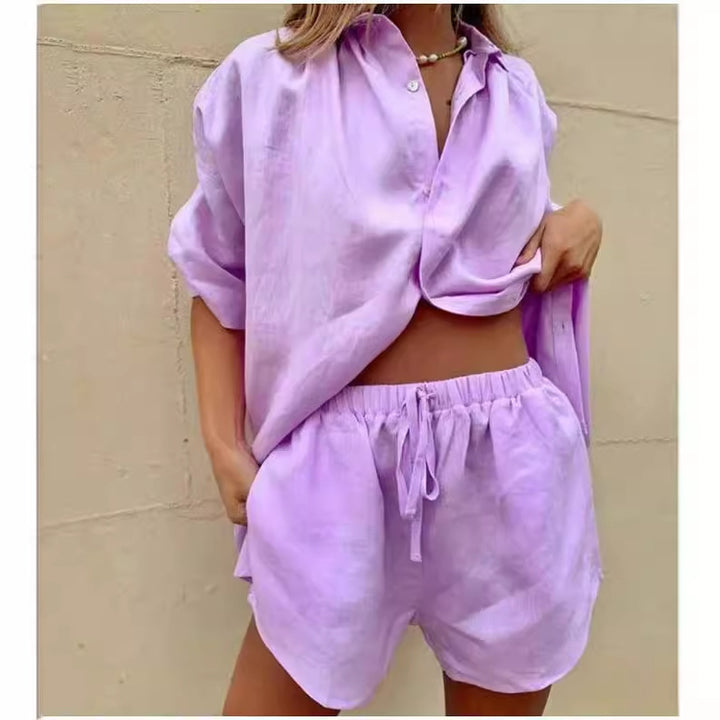 Damen Leinenbluse und Shorts-Set mit lockerer Passform und elastischem Bund Drune