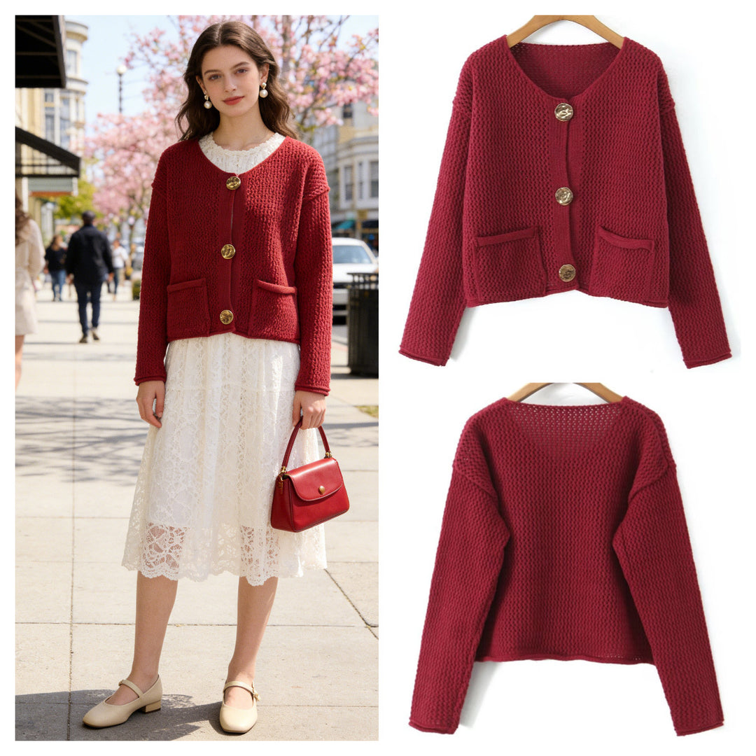 Damen luftige Strickjacke mit dekorativem Knopfverschluss und praktischen Taschen Drune