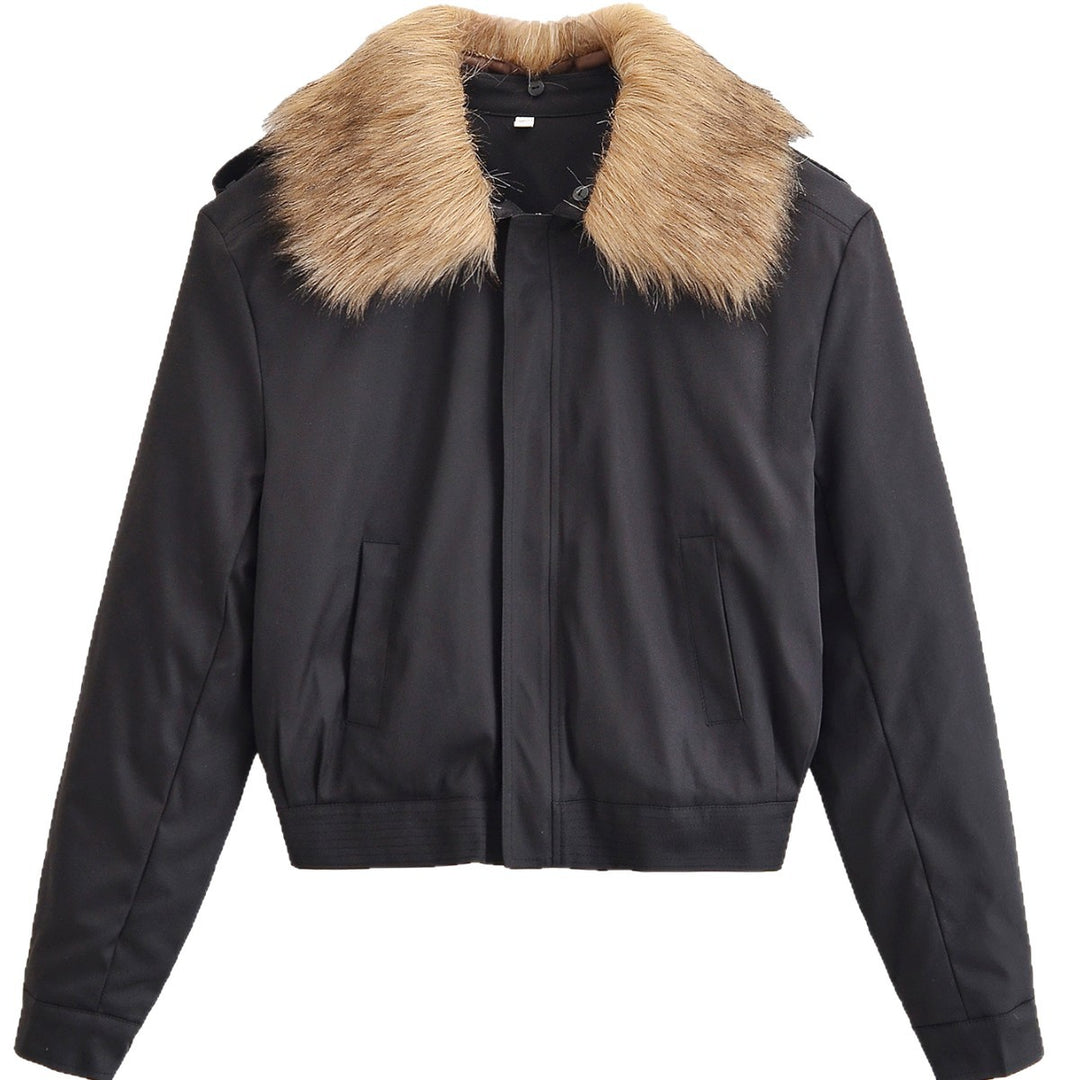 Damen Kurze Bomberjacke mit abnehmbarem Faux-Fur-Kragen Drune