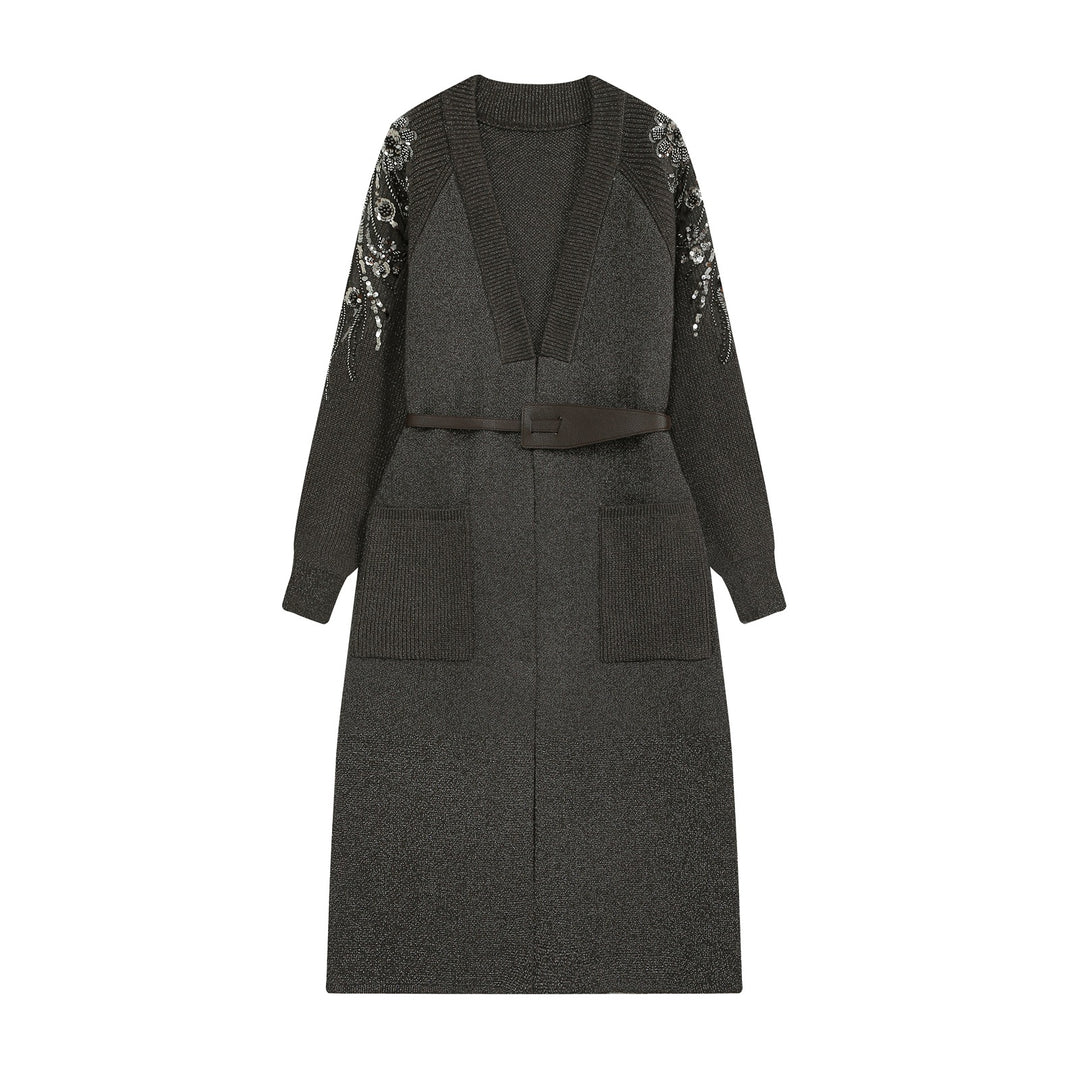 Damen Lange Strickjacke mit Gürtel, tiefem V‑Ausschnitt und bestickten Paillettenärmeln Drune