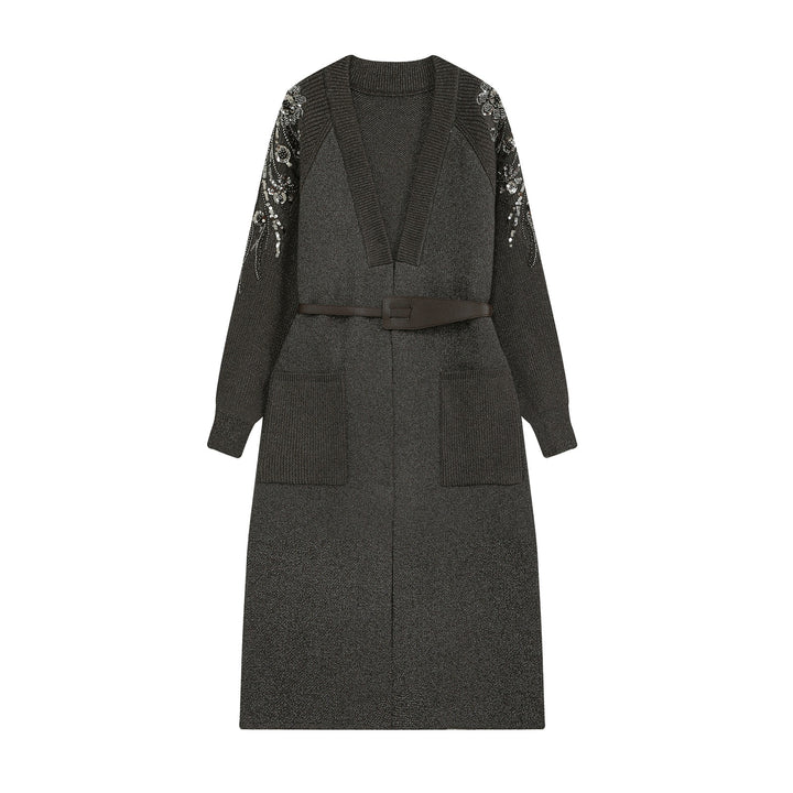 Damen Lange Strickjacke mit Gürtel, tiefem V‑Ausschnitt und bestickten Paillettenärmeln Drune