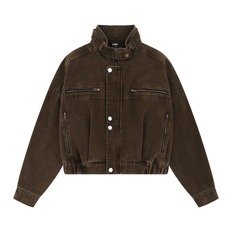 Damen Cropped Utility-Bomberjacke mit Stehkragen, Reißverschlusstaschen und Elastbund Drune
