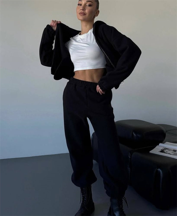 Damen kuscheliges Fleece-Hoodie und Jogginghose Lounge-Set mit Reißverschluss Kapuze elastischem Bund Drune
