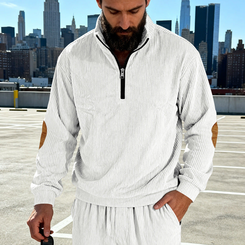 Herren Cord-Struktur-Halbzip-Pullover im Relaxed-Fit mit Stehkragen und Ellbogen-Patch Drune