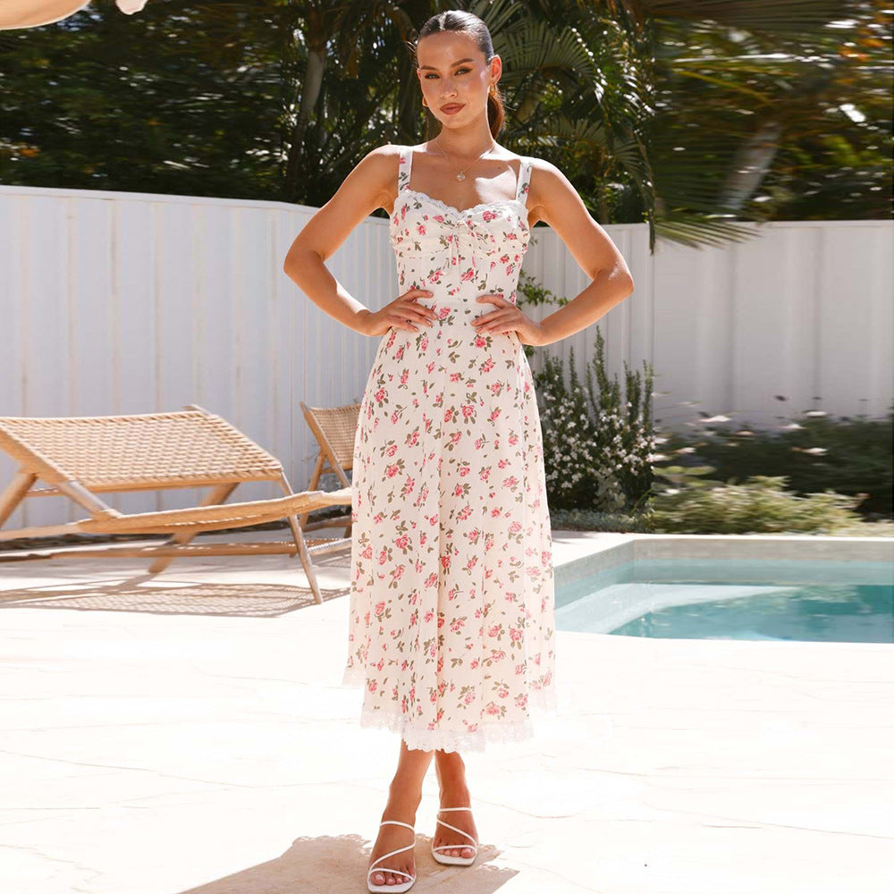 Damen Maxikleid mit romantischem Blumendruck und Rüschendetails Drune