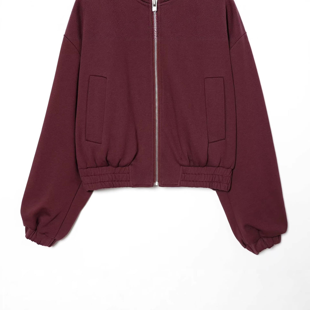 Damen Cropped Sweat-Bomberjacke mit hohem Stehkragen und elastischem Taillenbund Drune