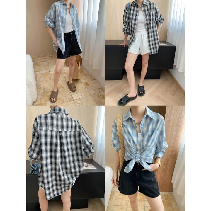 Damen lässige Karobluse mit Knopfdetails und Knotenschluss Drune