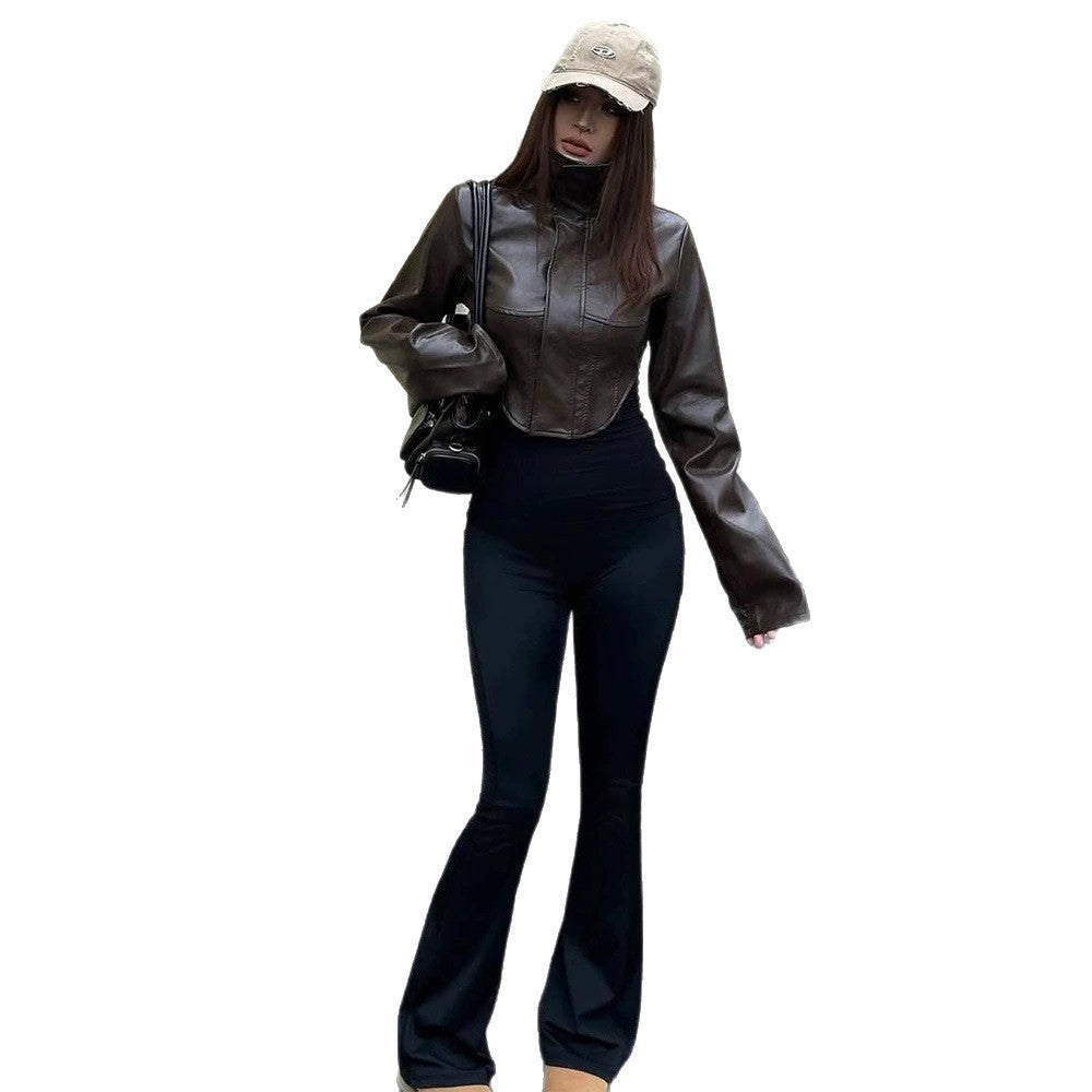 Damen Cropped Kunstleder‑Corsagenjacke mit hohem Stehkragen und verlängerten Ärmeln Drune