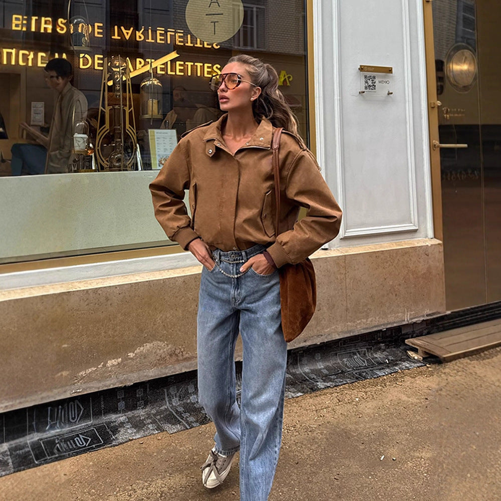 Damen Kurz geschnittene Bomberjacke aus Velourslederoptik mit Rippbündchen Drune