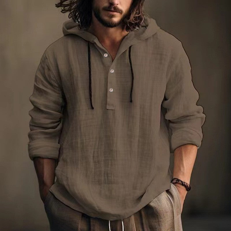 Herren Leichtes Kapuzenhemd im Leinenlook mit Henley-Knopfleiste Drune