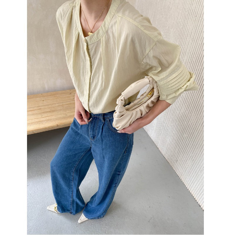 Damen lässige Bluse mit eleganten Puffärmeln und Knopfdetail Drune