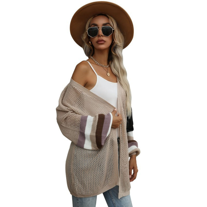 Damen Longline-Netzstrick-Cardigan mit Ballonärmeln und Blockstreifen Drune