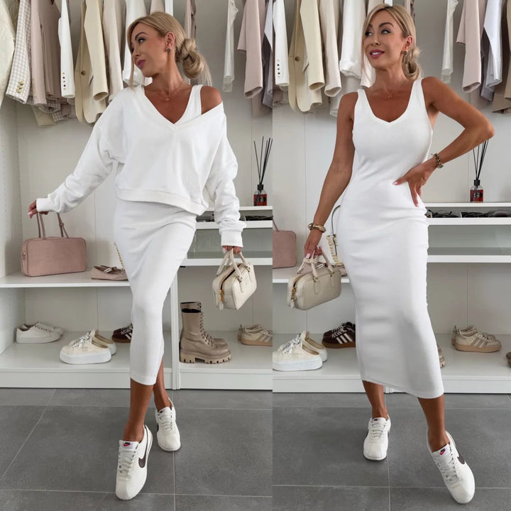Damen nan zweiteiliges Midirock-Set mit off-shoulder Oversize-Sweatshirt und figurbetontem Bleistiftrock Drune