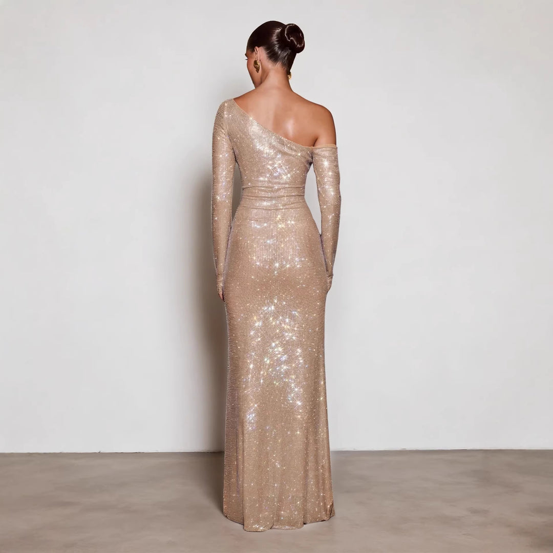 Damen Figurbetontes Abendkleid mit schimmerndem Paillettenbesatz und asymmetrischem Ausschnitt Drune