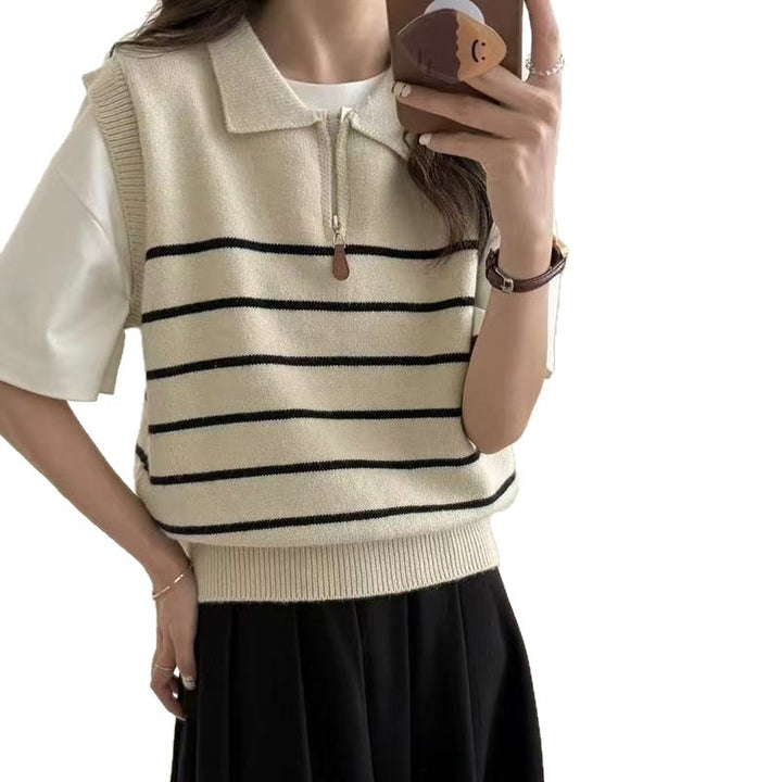Damen Strickpullover mit Reißverschluss und Streifenmuster Drune