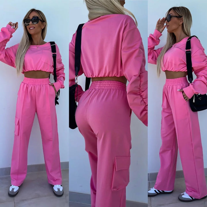 Damen lässiges Set mit cropped Oberteil und weit geschnittener Hose Drune