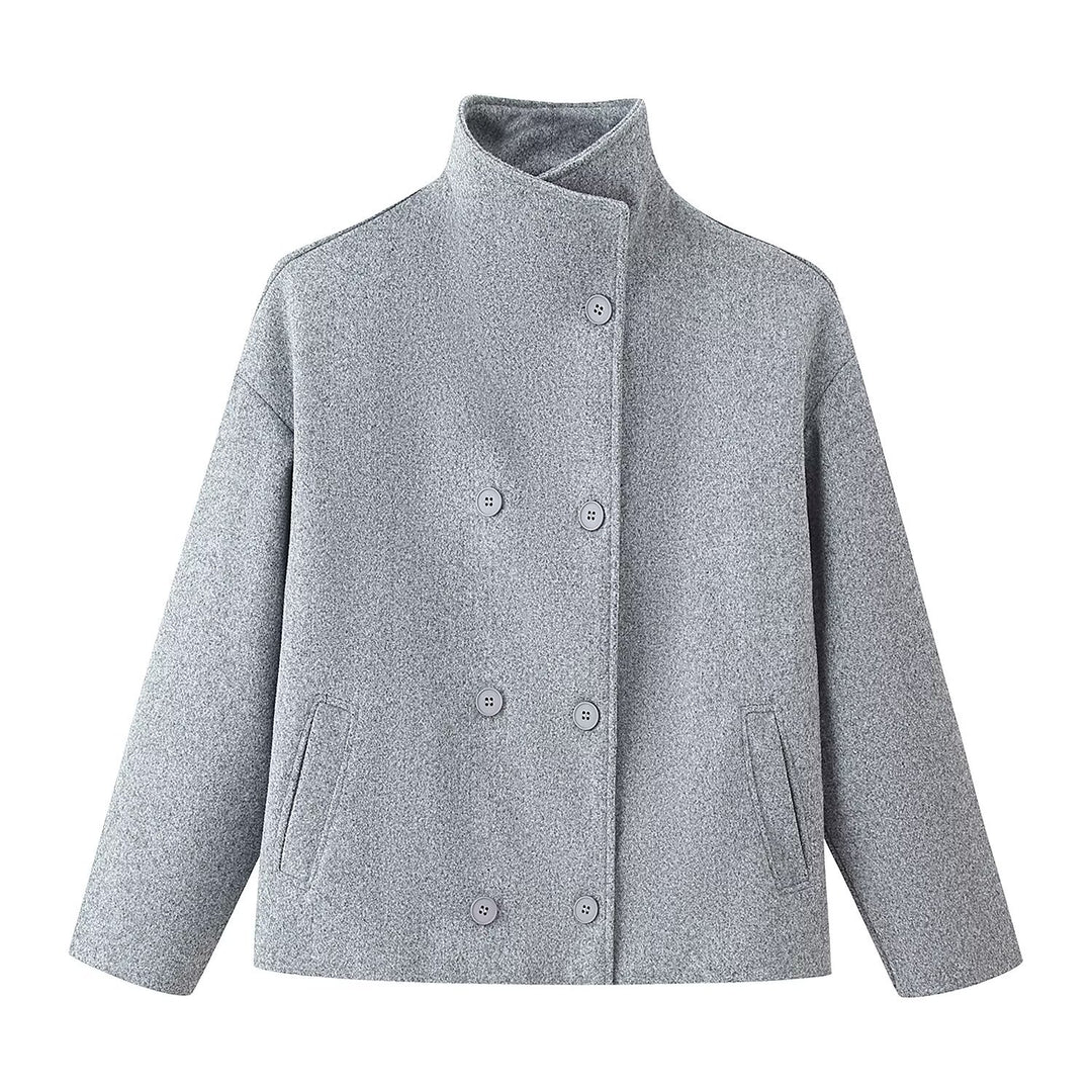 Damen modische Wolljacke mit hohem Kragen und doppelter Knopfleiste Drune