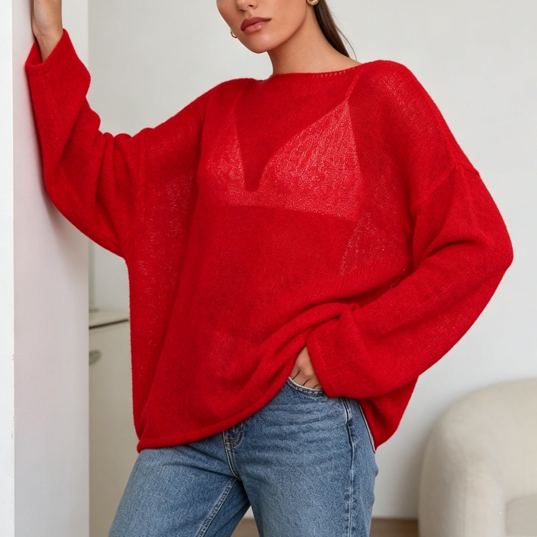 Damen luftiger Oversize-Feinstrickpullover mit weitem Arm und Rundhalsausschnitt Drune