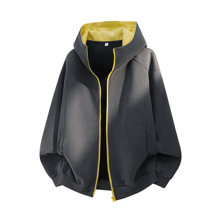 Unisex Weite Kapuzenjacke mit doppellagiger Kapuze und verdecktem Reißverschluss Drune