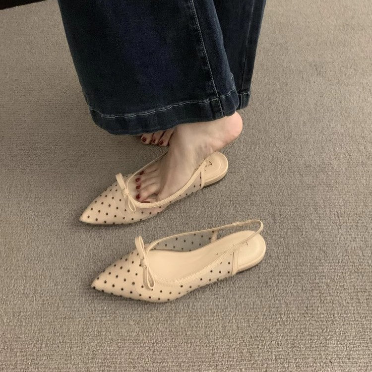 Damen Spitz zulaufende Slingback-Ballerinas mit gepunktetem Mesh und Zierschleife Drune