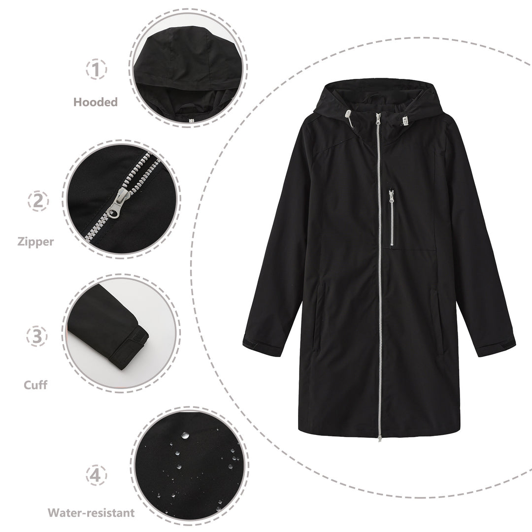 Damen nan lange schlanke Funktionsregenjacke mit durchgehendem Reißverschluss Brustreißverschlusstasche und Klettmanschetten Drune